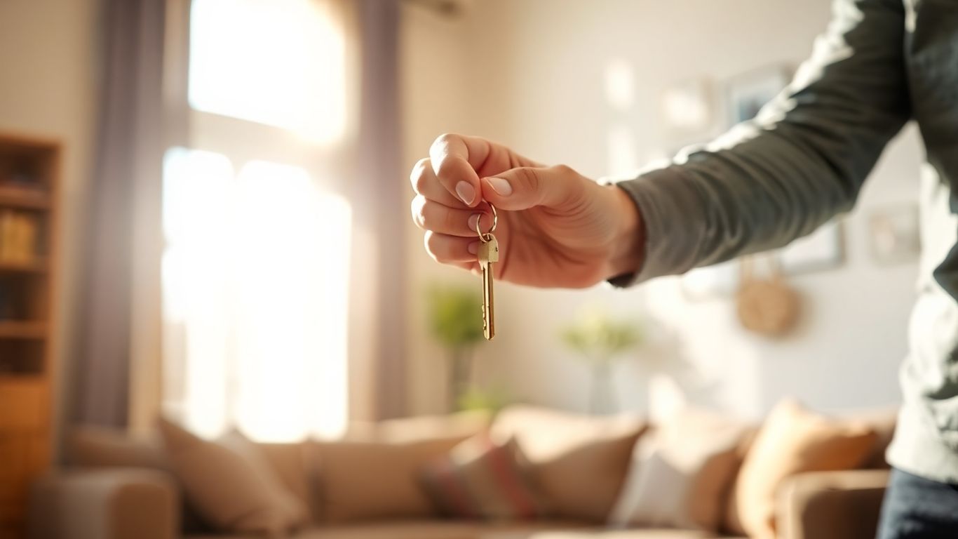Eltern übergeben Hauschlüssel an Kinder im Wohnzimmer.