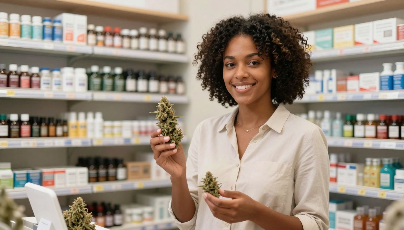 Woman browsing cannabis products in a modern dispensary.