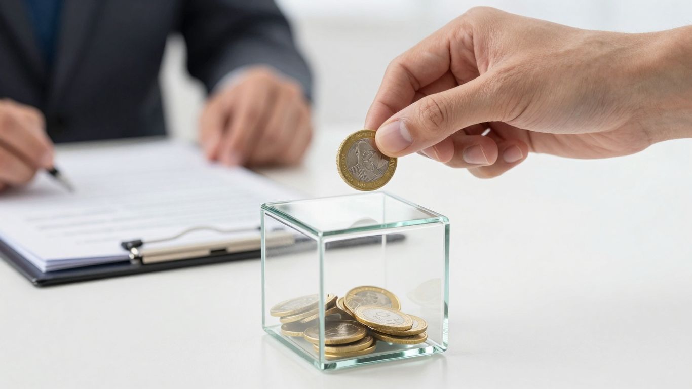 Hand placing coin into glass box with document.