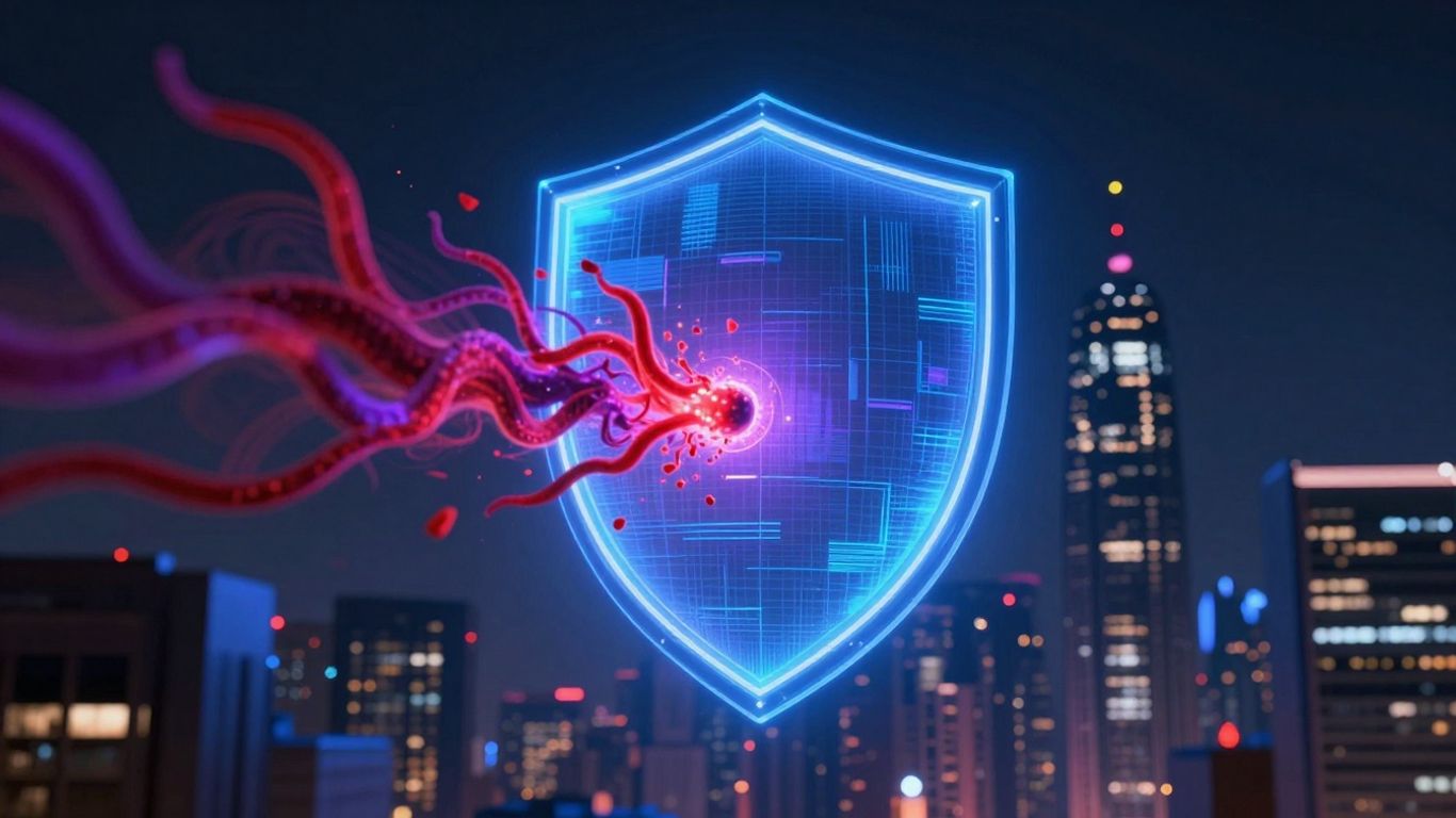 Digital shield protecting city from cyber threats.