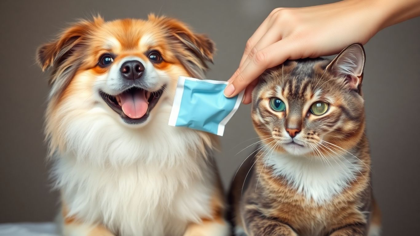 Dog and cat being cleaned with pet hygiene wipes.