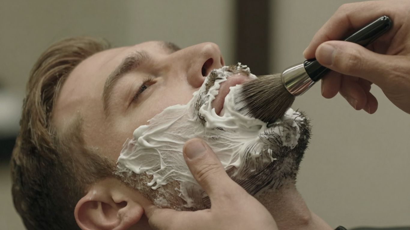 Barber applying shaving cream to client's face.