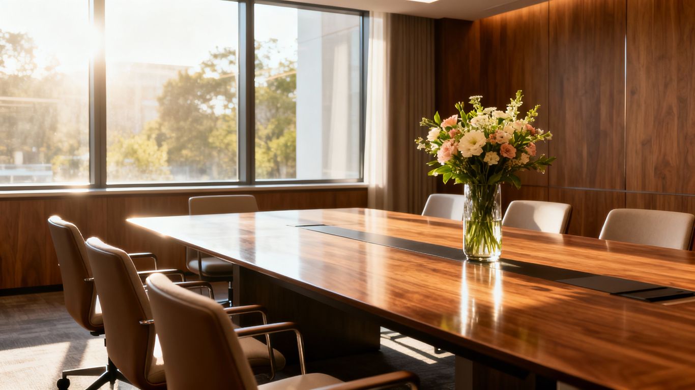 Moderná zasadacia miestnosť s dreveným stolom a pohodlnými stoličkami.