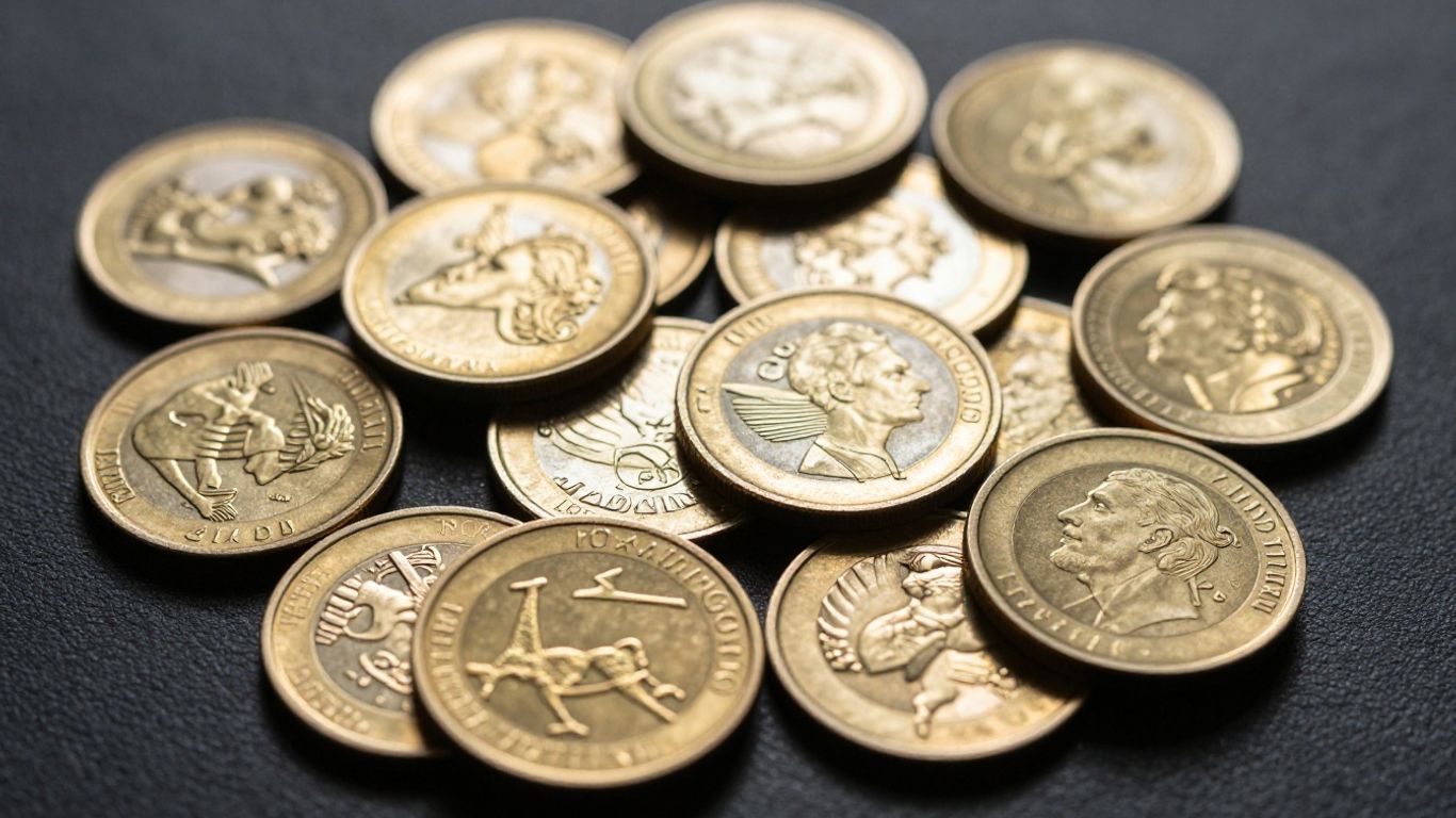 Moedas de ouro para investimento, brilhantes e variadas.
