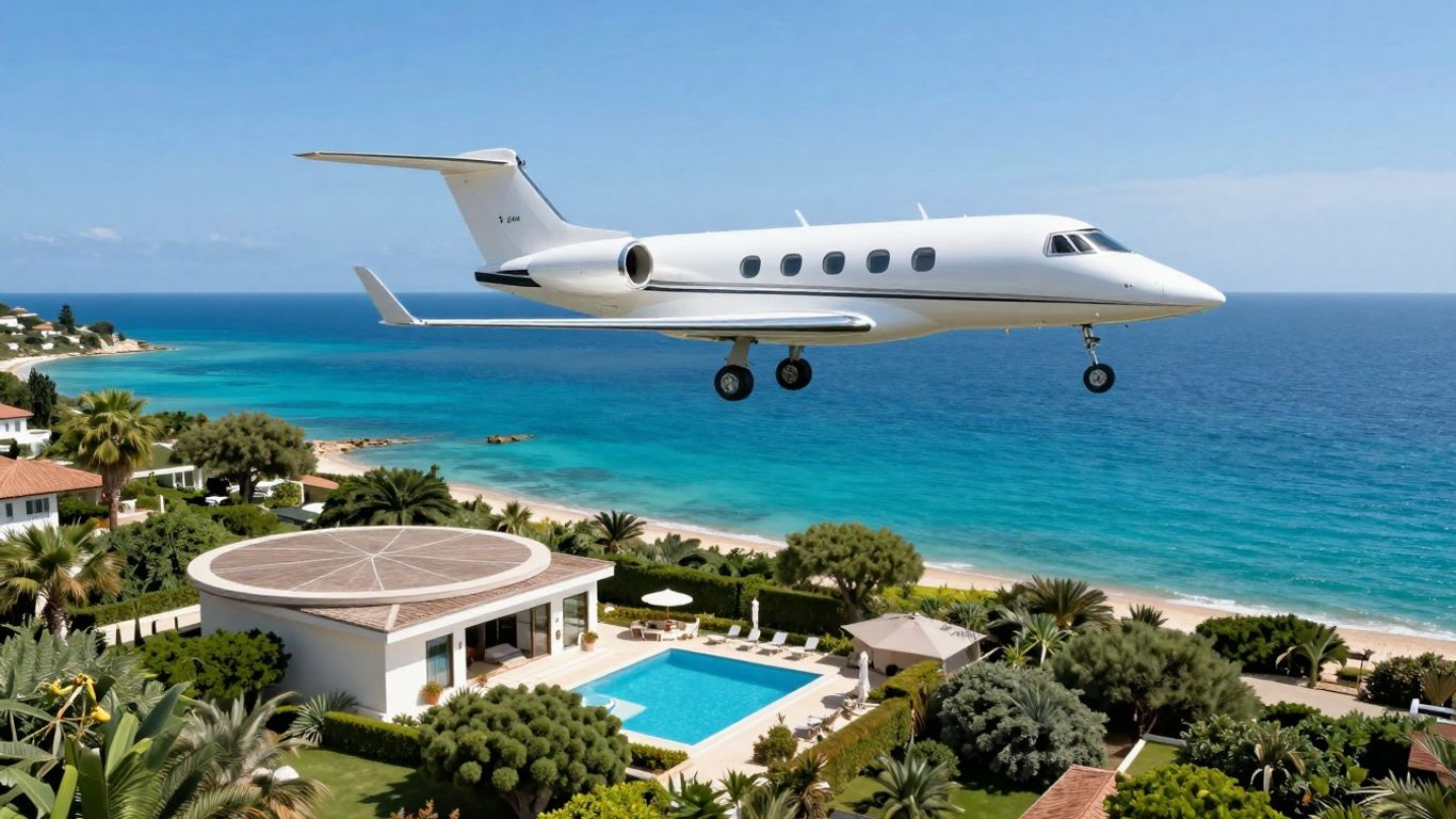 Private jet flying towards a Mediterranean villa.