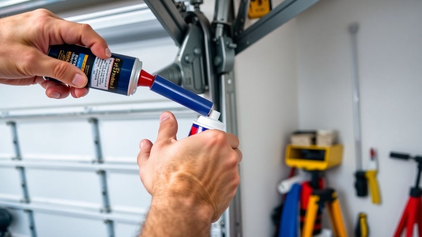 Lubricating garage door hinges, rollers, and tracks close-up