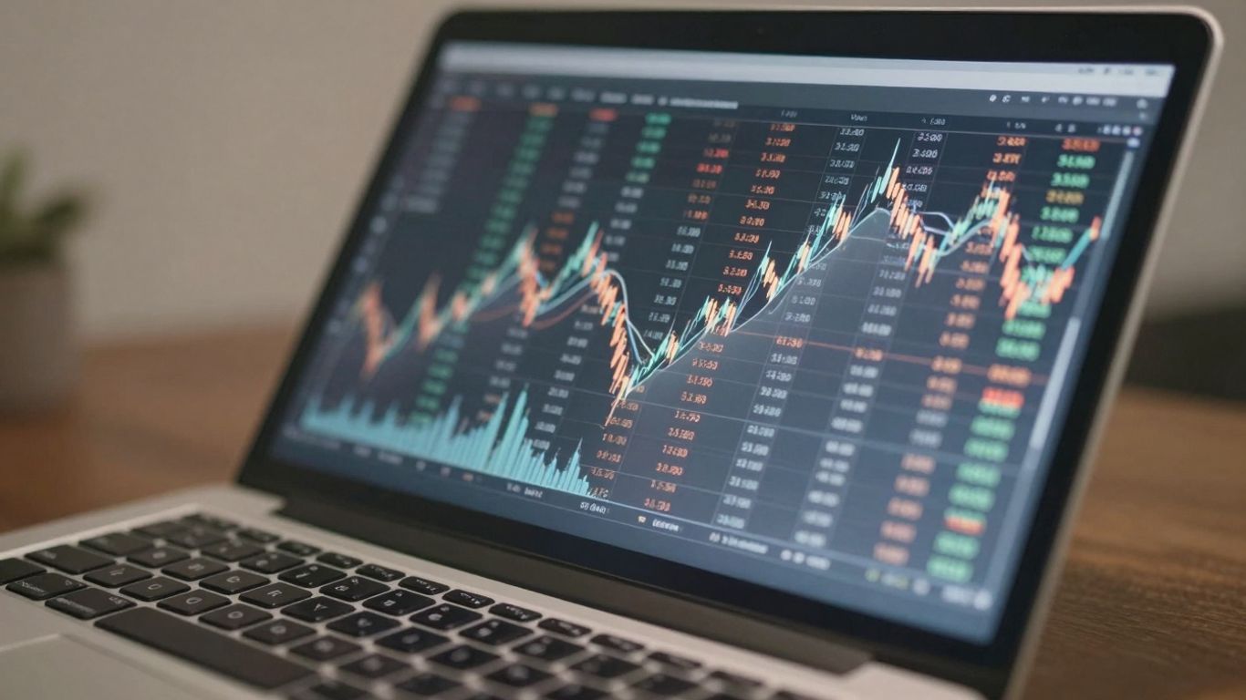 Financial data on a laptop screen with abstract digital patterns.