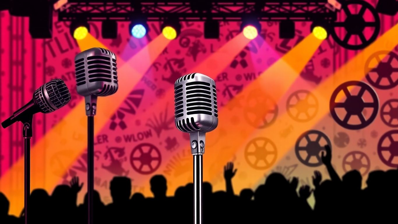 Comedy icons and stage elements.