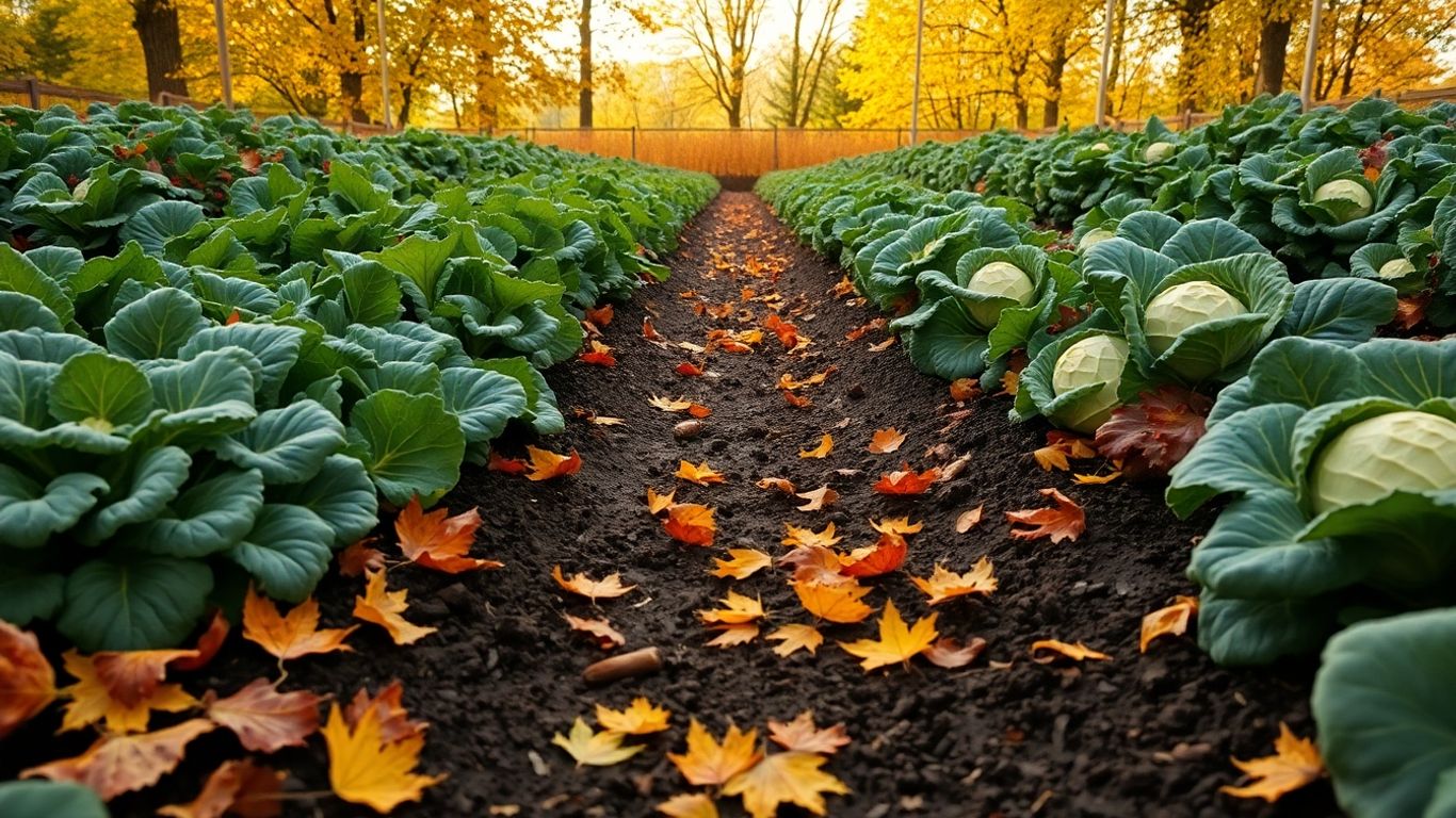 Herbstgemüse im deutschen Garten mit buntem Laub und Sonnenlicht