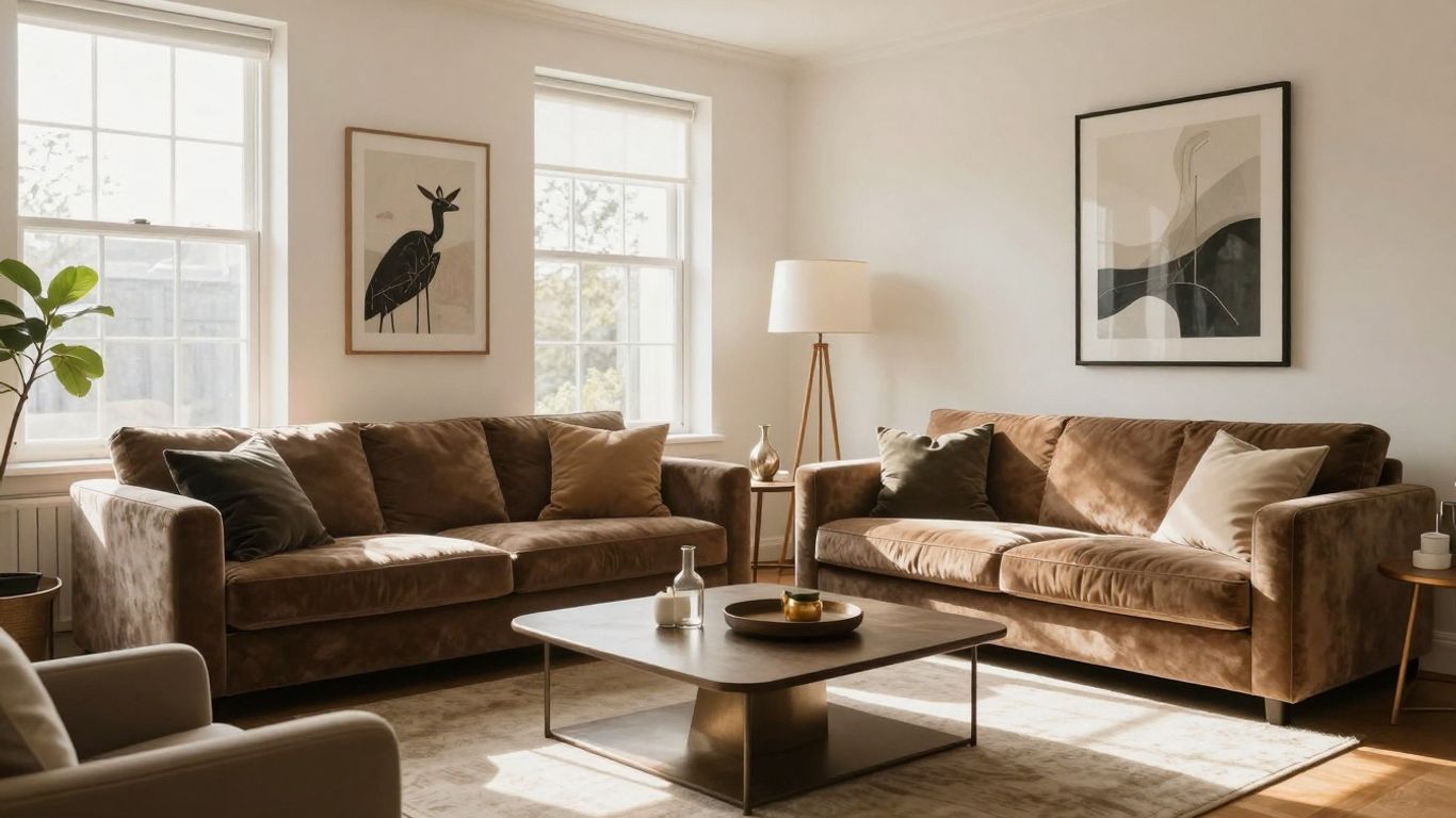 Stylish Airbnb living room furniture bathed in natural light.