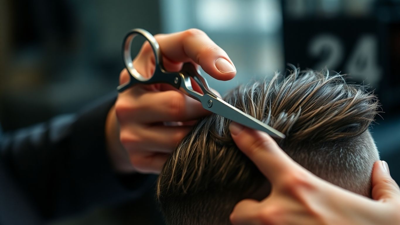 Barber cutting client's hair with scissors.
