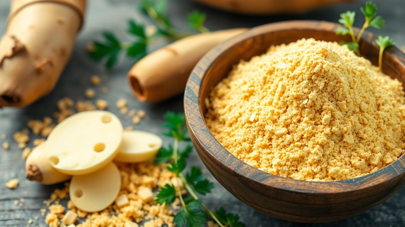 Tigela com farinha de mandioca dourada e raízes frescas.
