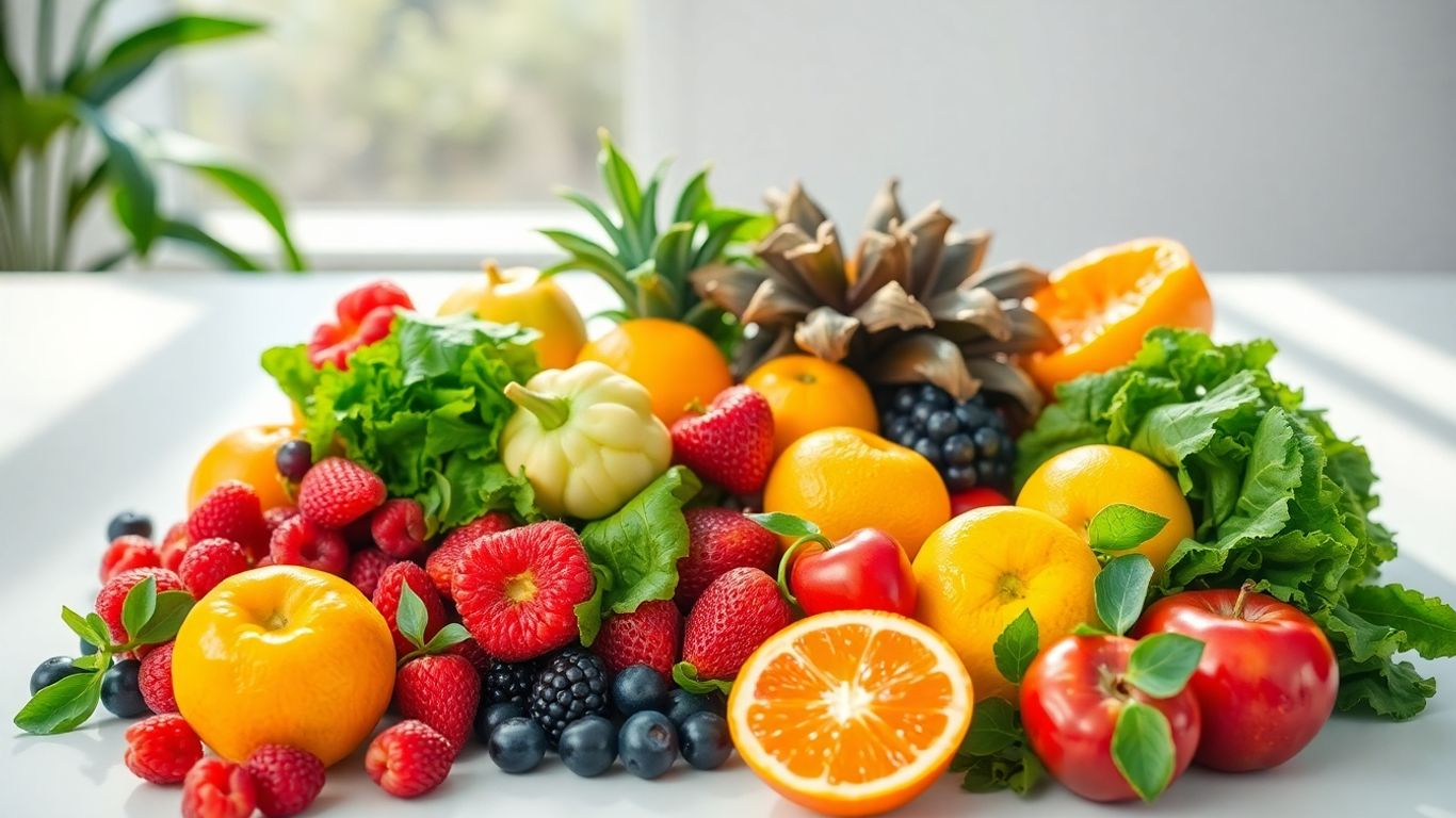Colorful fruits and vegetables arranged on a white surface.