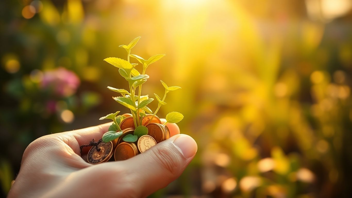 Plant with golden coins growing, symbolizing financial growth.