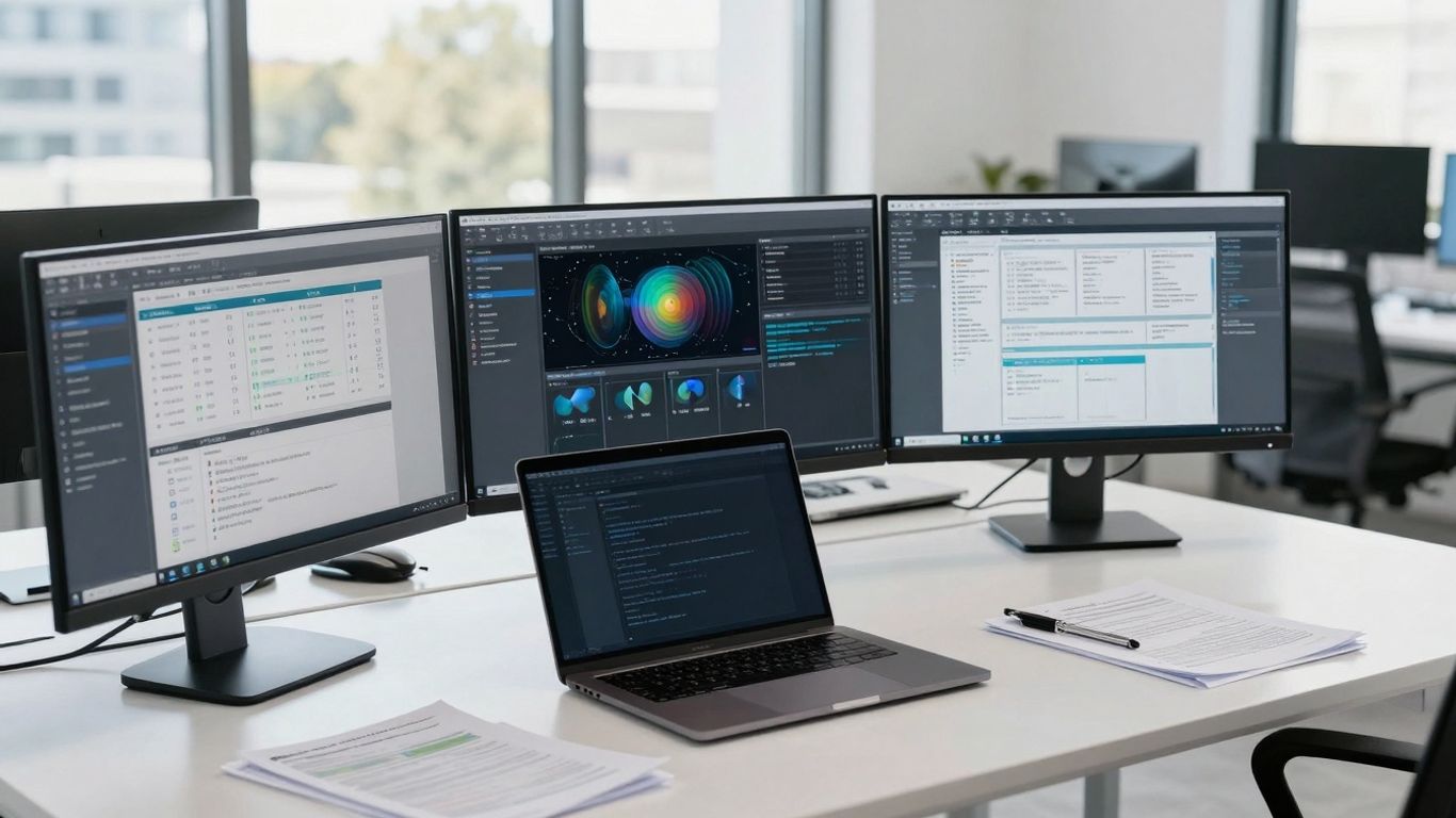 Escritorio moderno con pantallas de software y luz natural.