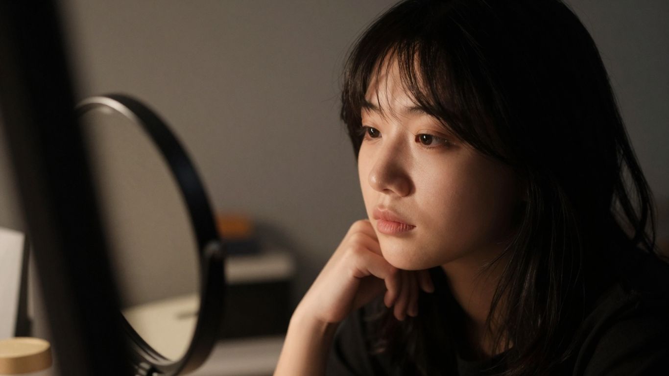 Persoană reflectându-se în oglindă, autocunoaștere.