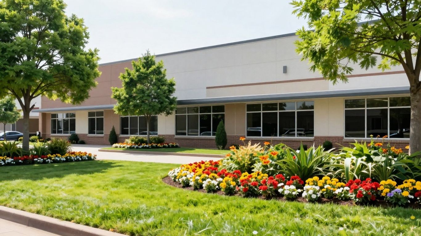 Commercial building with beautiful, well-kept landscaping.