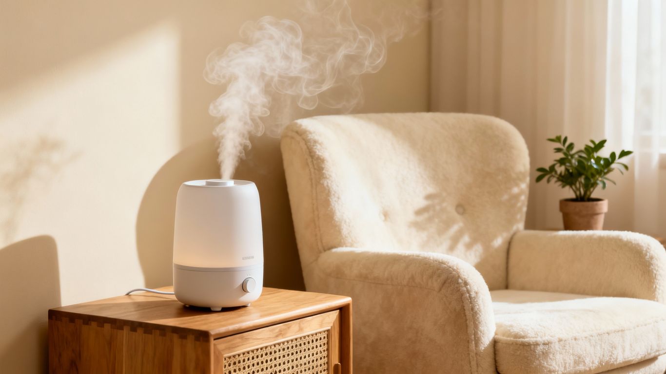 Humidifier misting in a warm, cozy living room.
