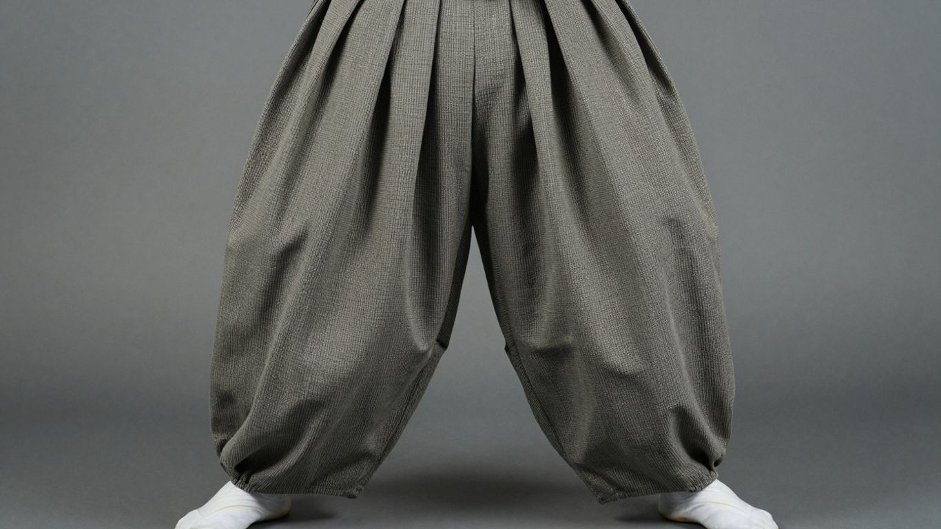Traditional Japanese tobi trousers with wide legs.