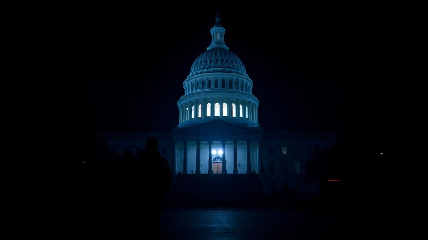 US Capitol building at night with silhouetted figures.