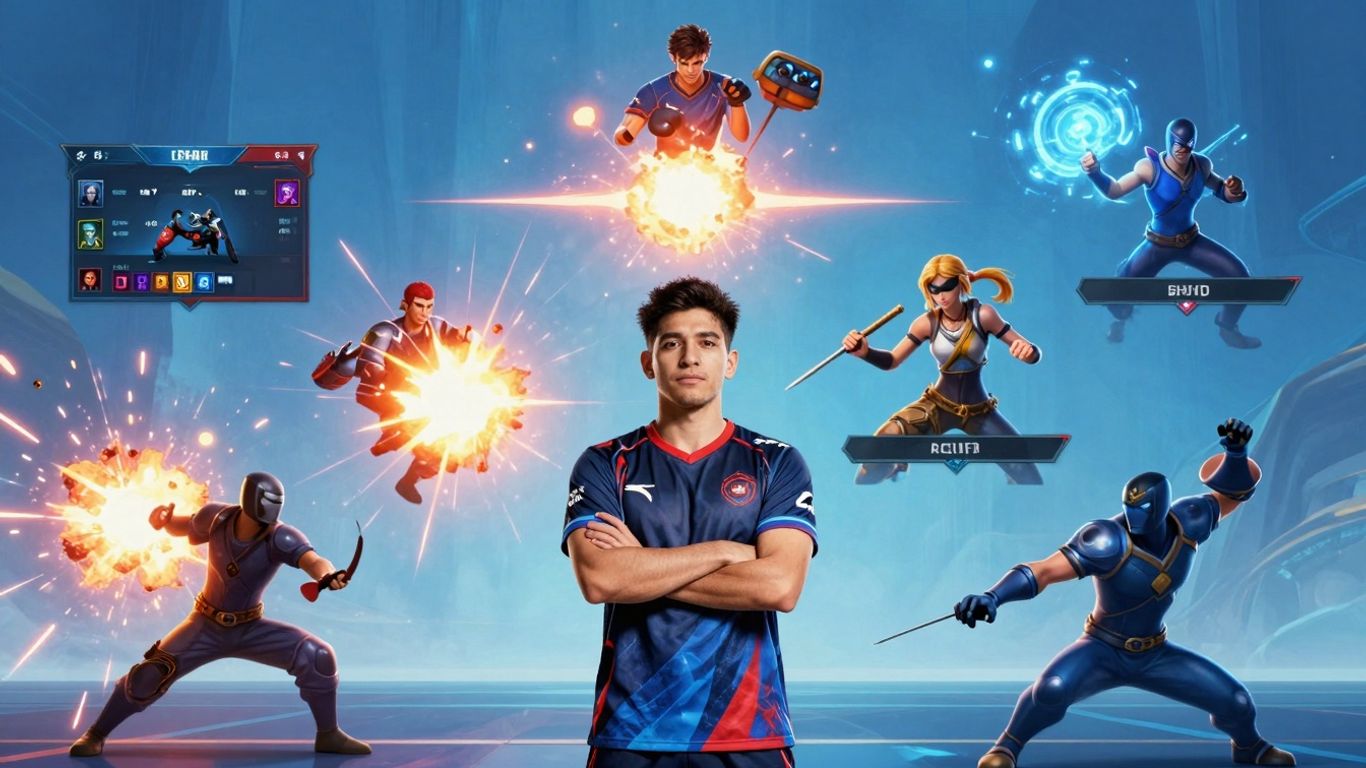 Esports game interfaces and player avatars collage.