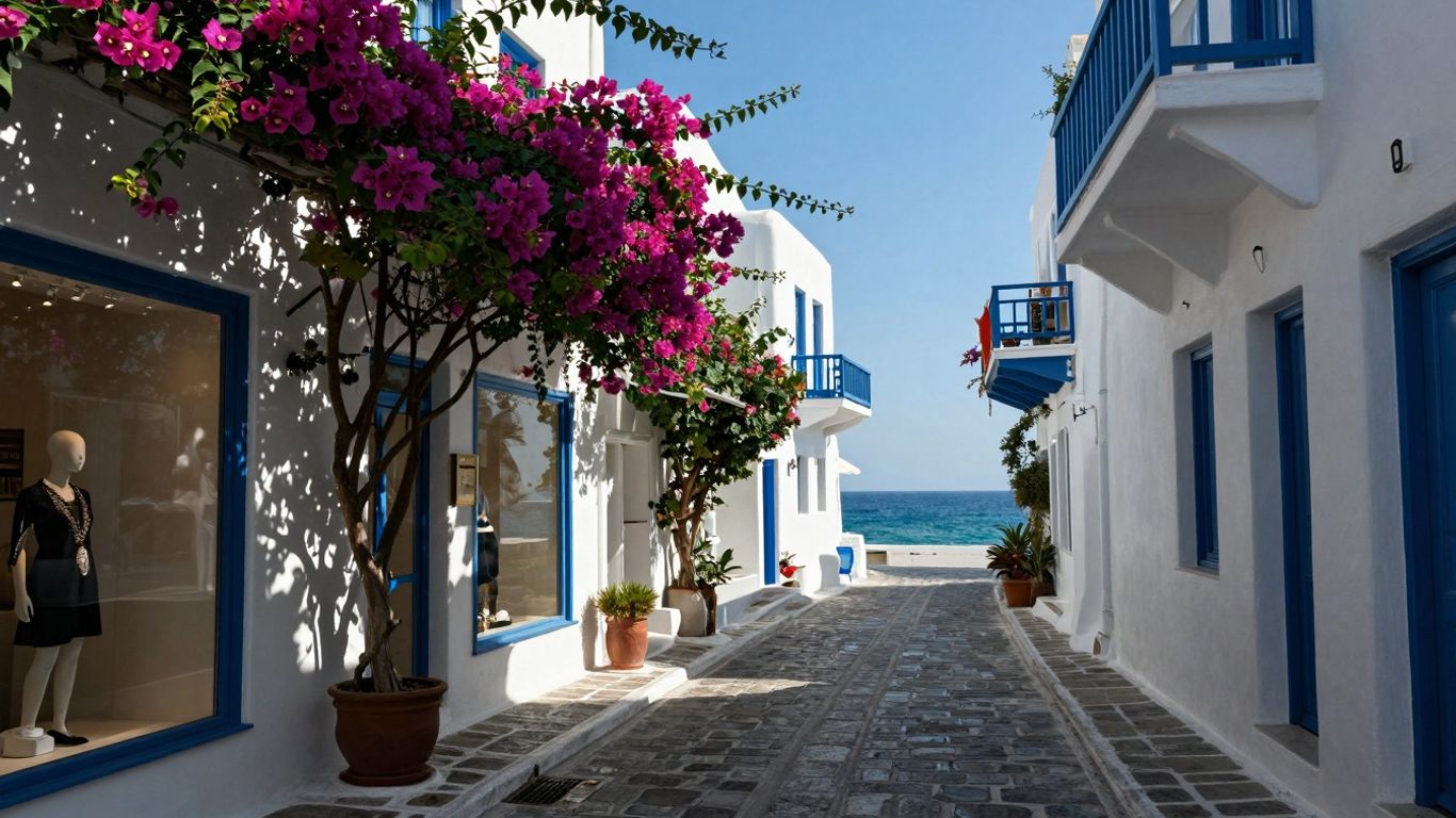 Charming Mykonos Town street with boutiques and bougainvillea.
