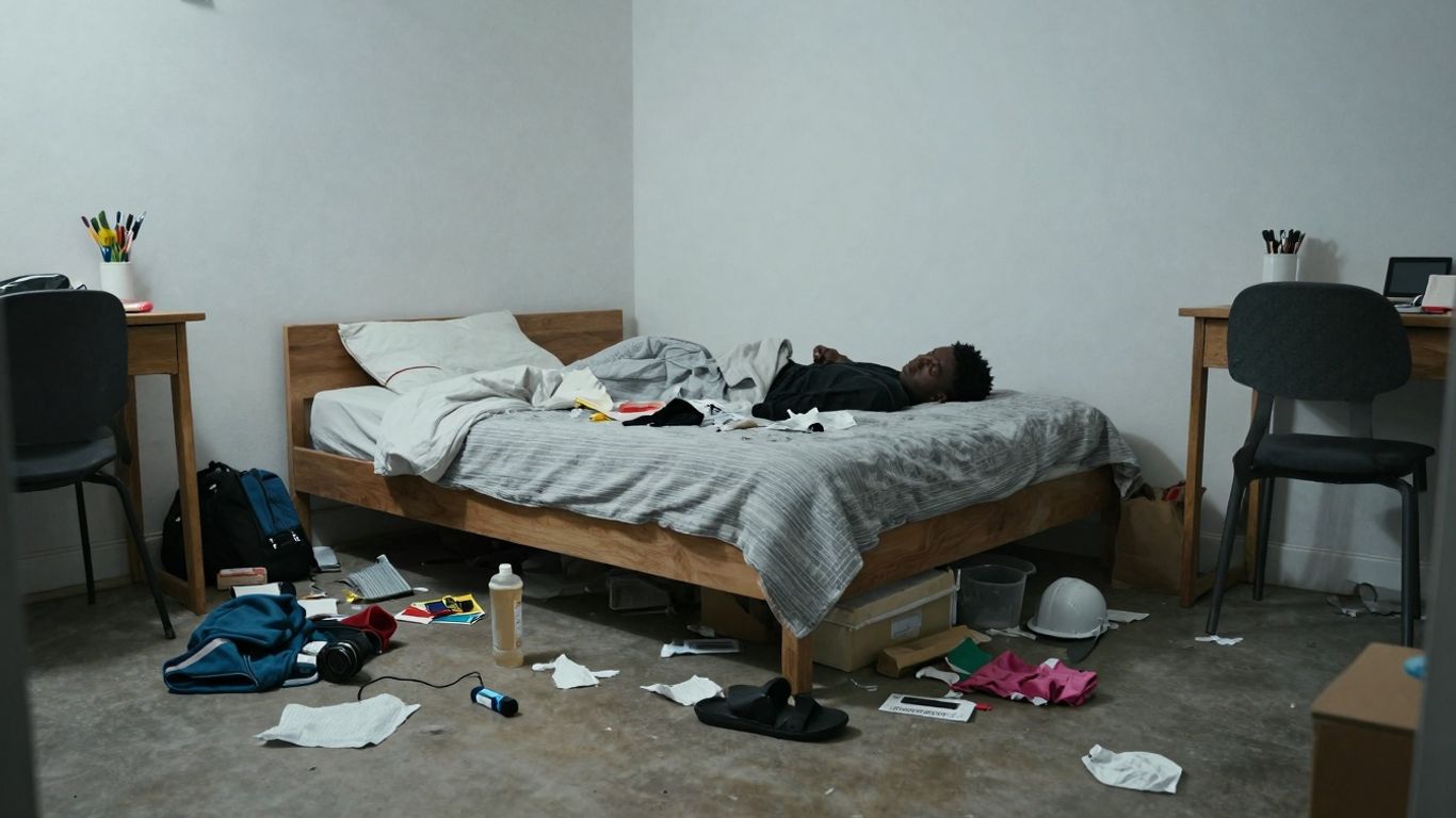 Cluttered and unappealing Airbnb interior with an unmade bed.