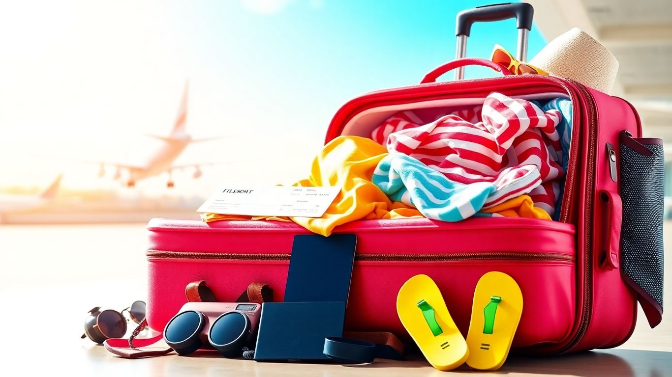 Suitcase, passport, and summer gear at airport