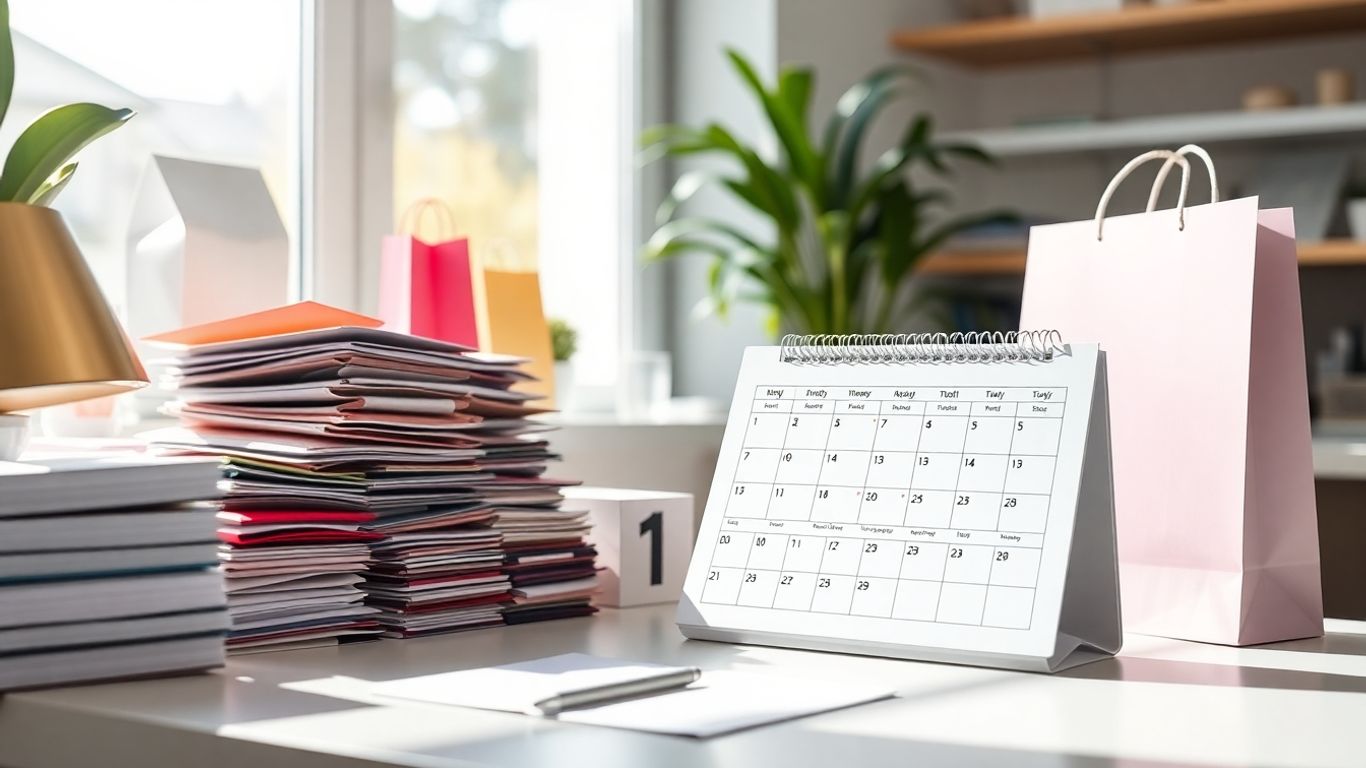 Retail calendar planning with merchandise and shopping bags.