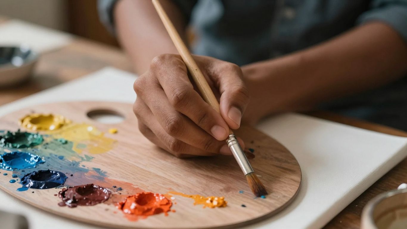 Hands holding paintbrush, vibrant paint palette, artistic creation.