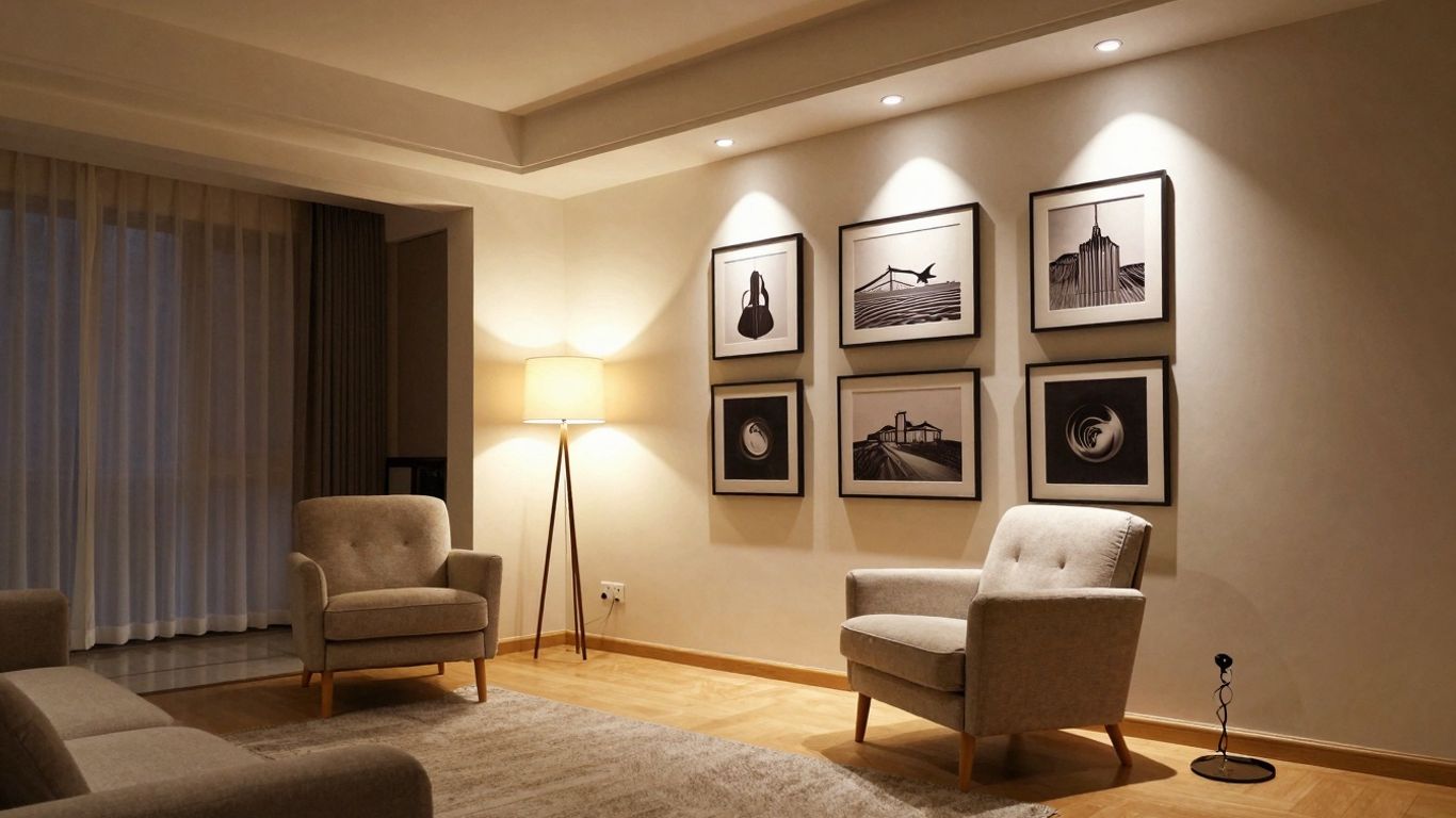 Interior lighting design with ambient and accent lights.