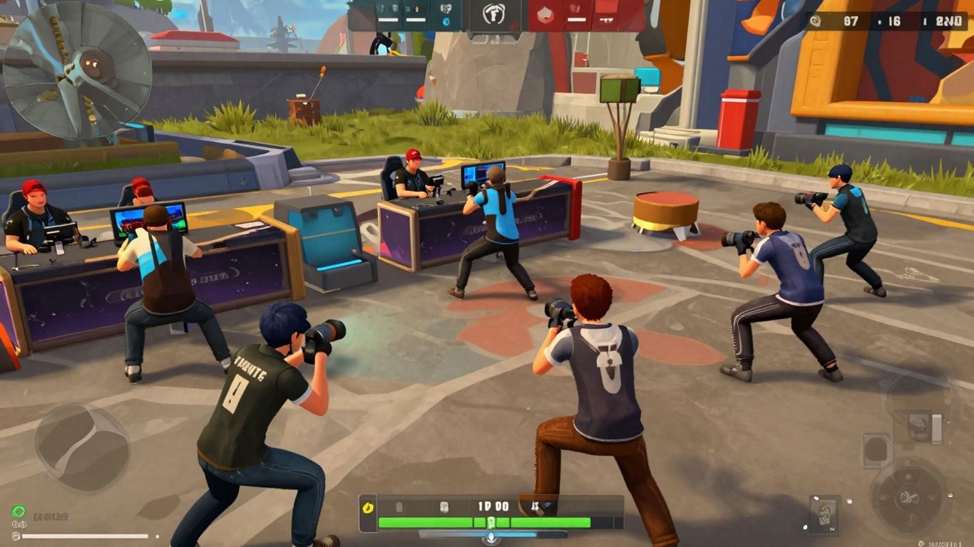 Fortnite esports players in intense battle, game art style.