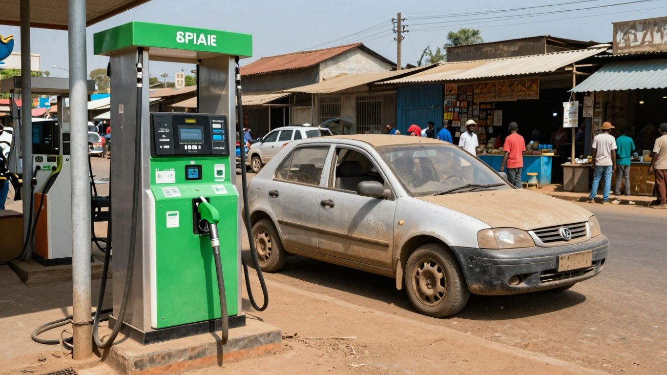 Biofuel pump next to an electric car in a developing nation.
