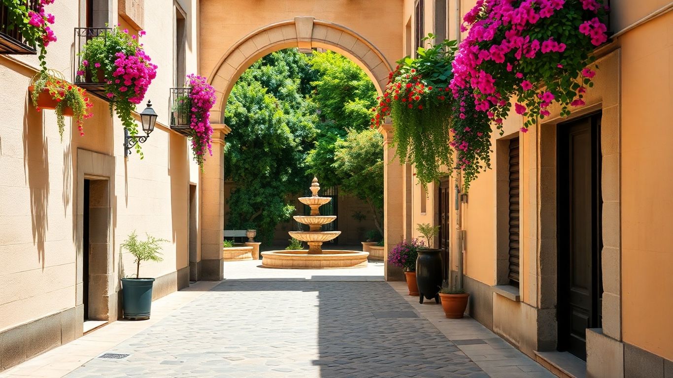 Cobblestone street with flowers and archway to courtyard.