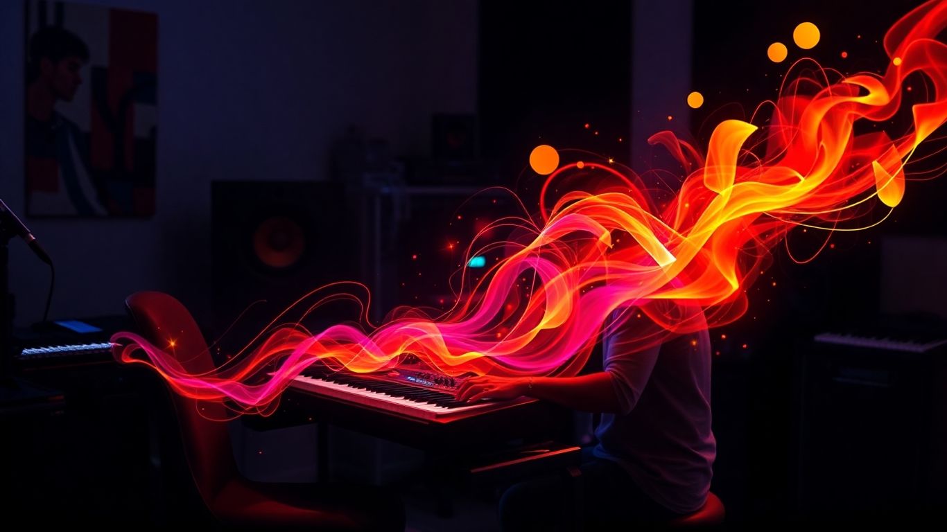 Musician inspired by swirling sound waves from keyboard.