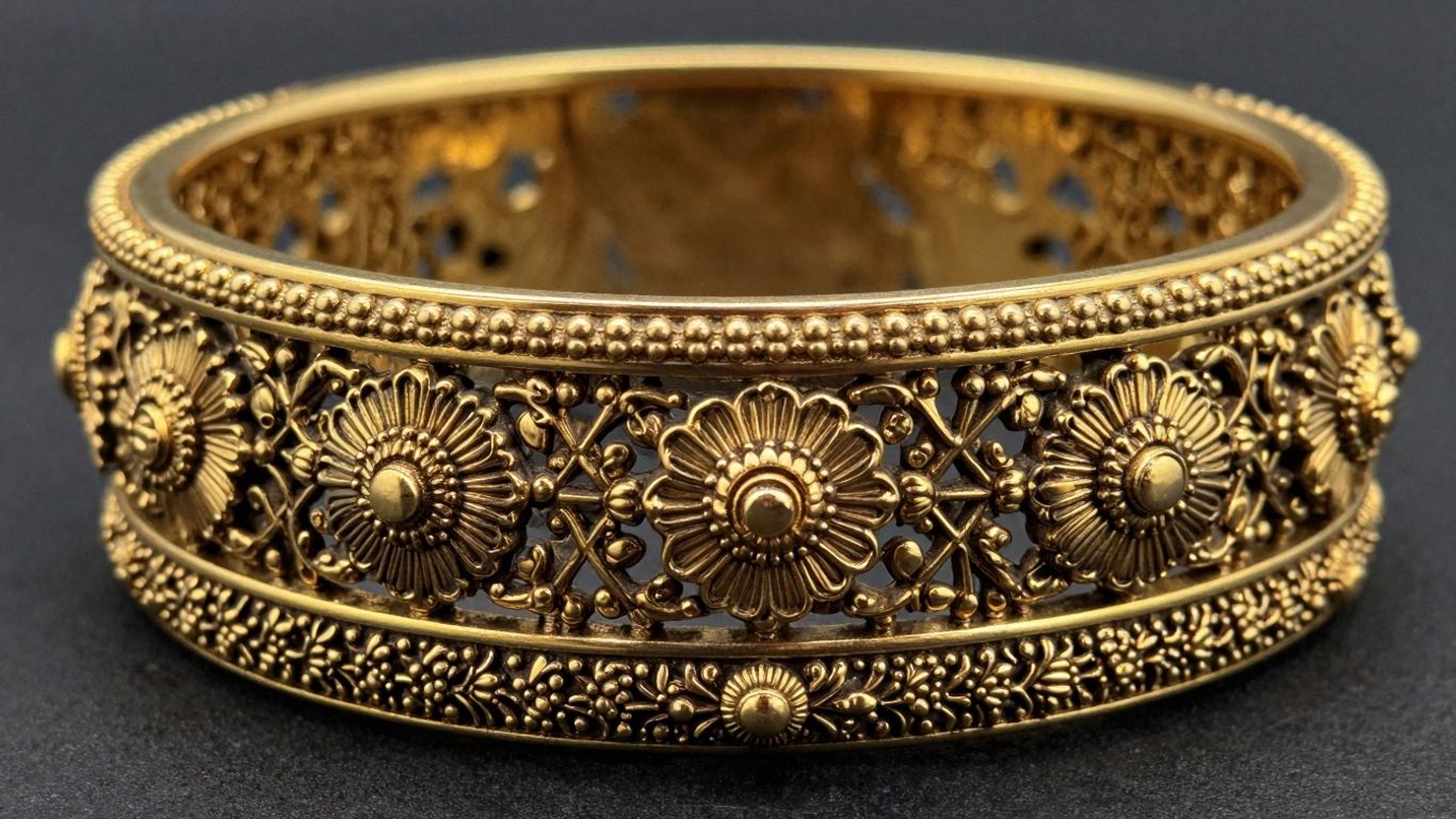 Intricate Nakshi bangles with floral patterns.