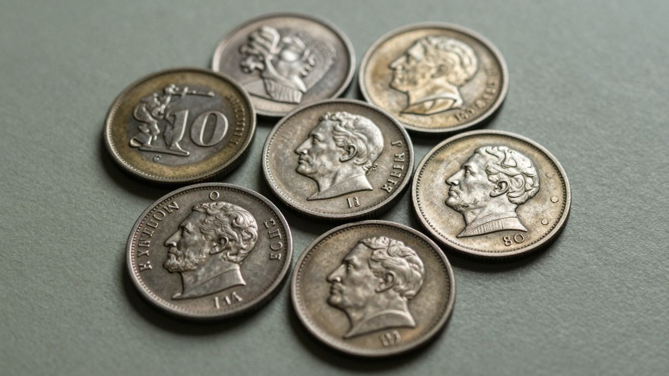 Close-up of valuable coins with distinct dates.