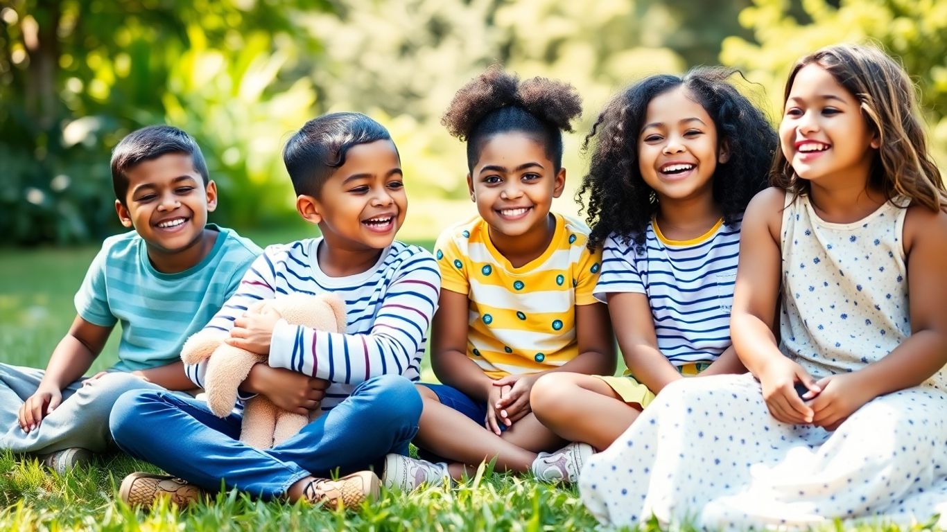 Happy diverse children sitting together outdoors smiling