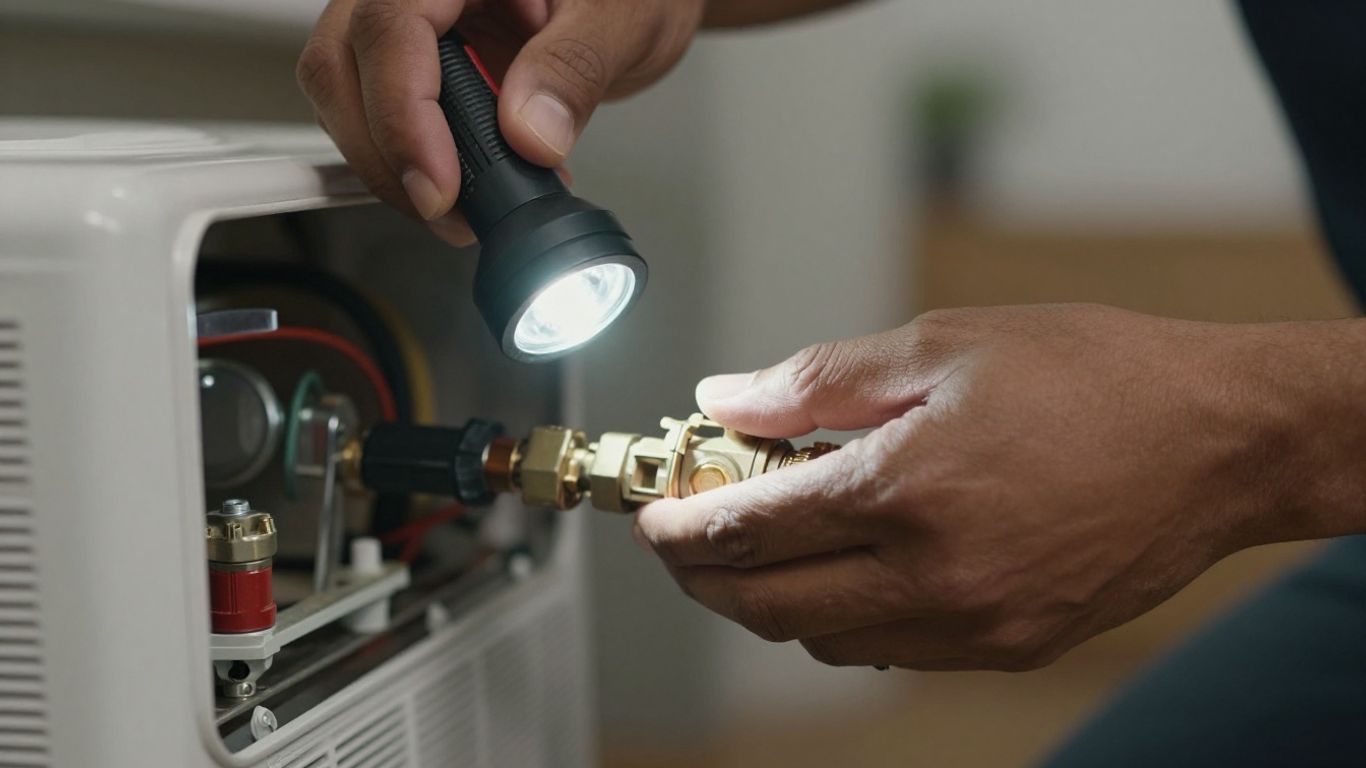 Hands inspecting a home heating unit with a flashlight.