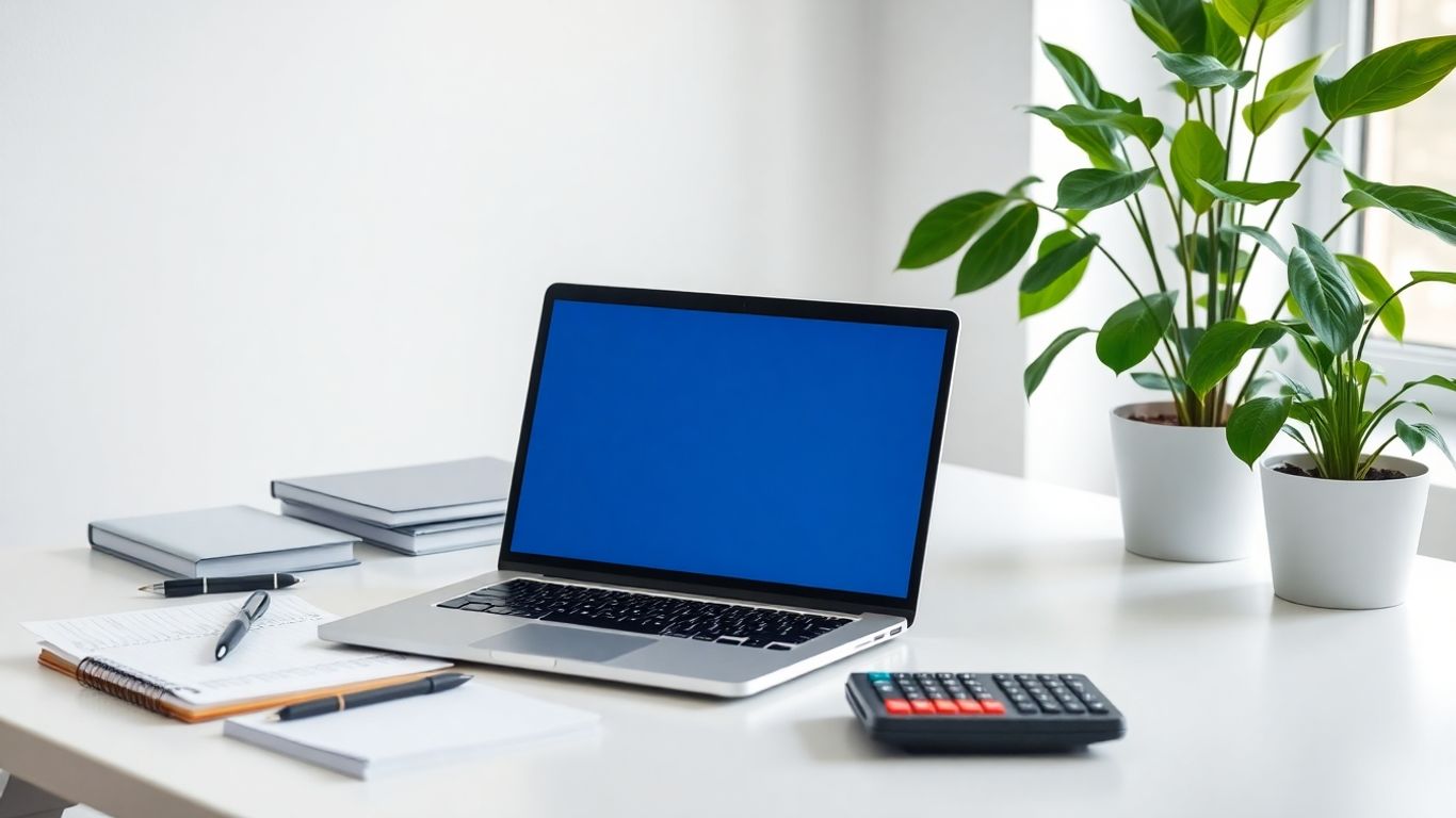 Modern laptop and office desk for bookkeeping software