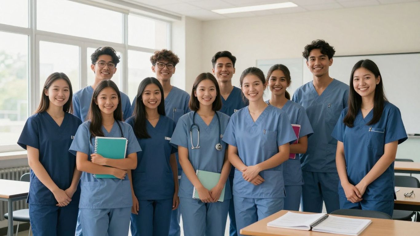 Students in scrubs smiling in a classroom.