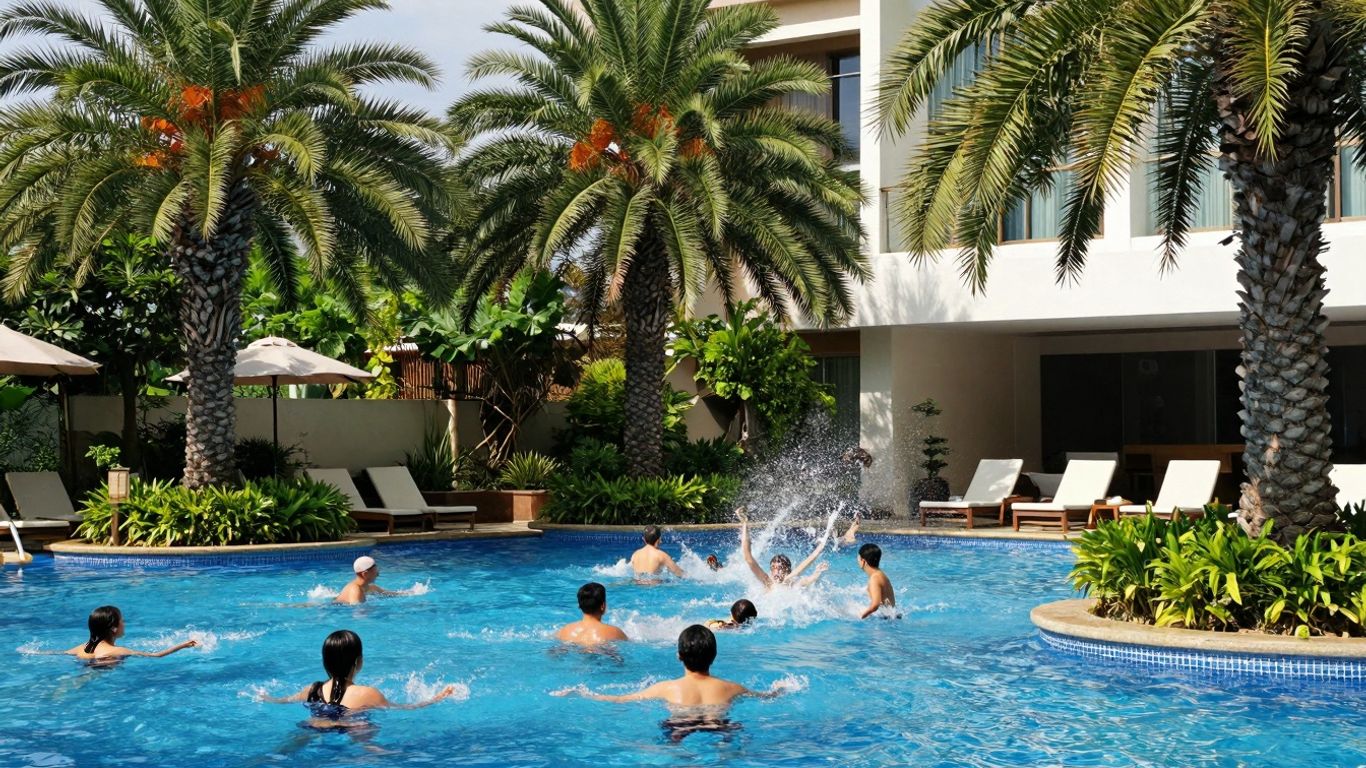 People swimming and splashing in a sunny pool.