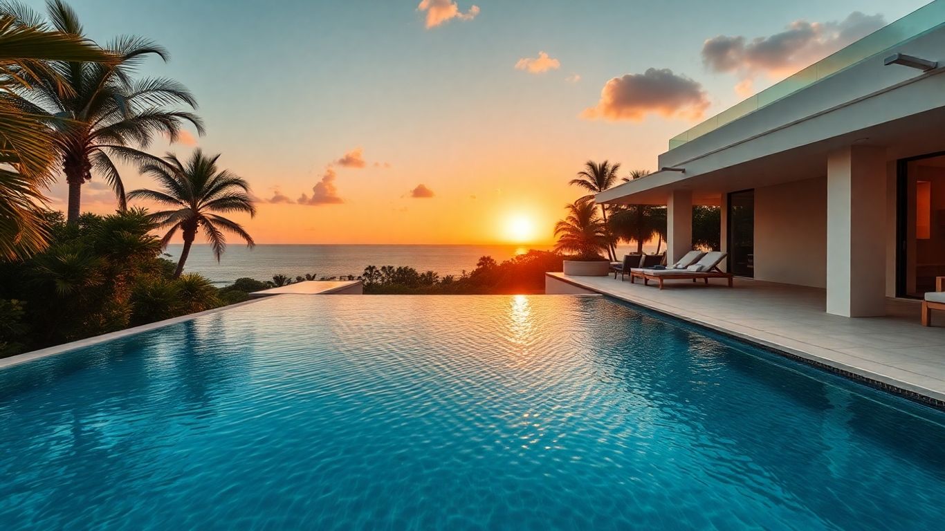 Luxury villa with infinity pool at sunset.