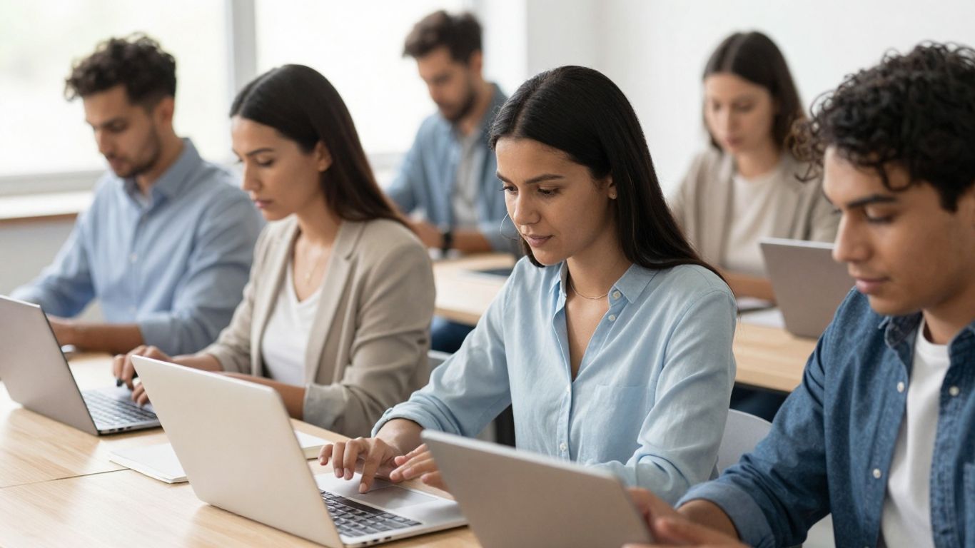 Personnes apprenant et réussissant avec des compétences numériques sur des appareils.