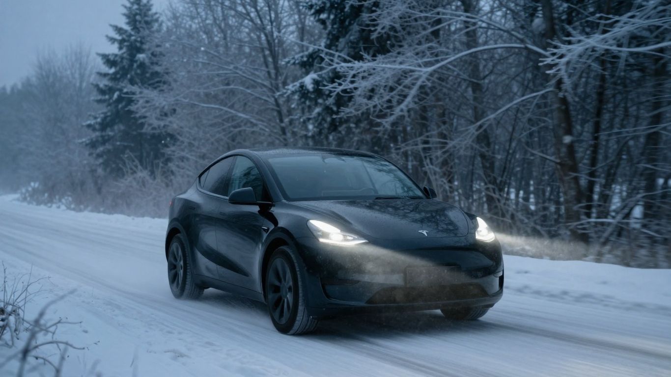 Electric car driving in snowy winter landscape.