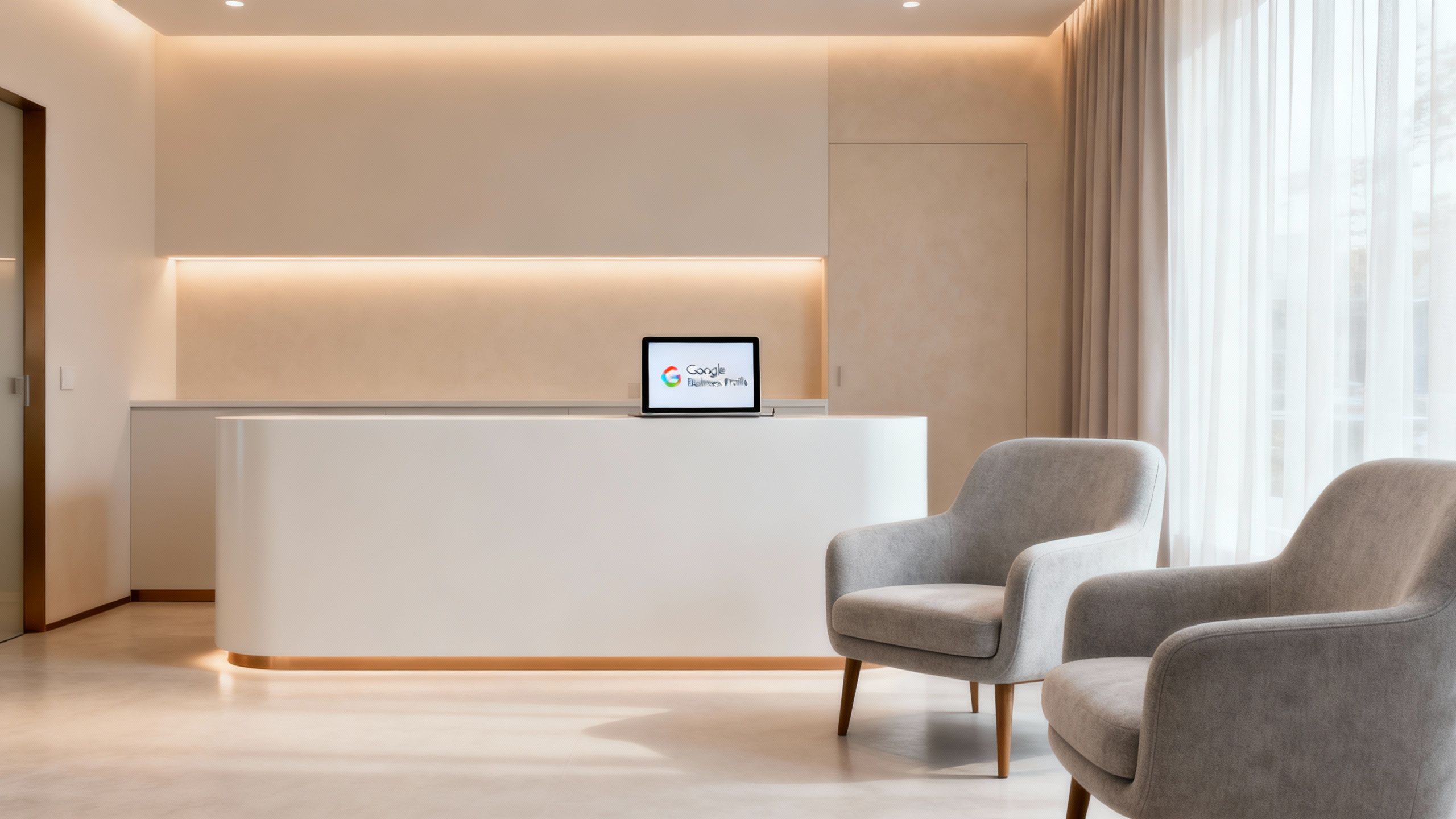 Google Business Profile interface on a tablet in an aesthetics clinic.