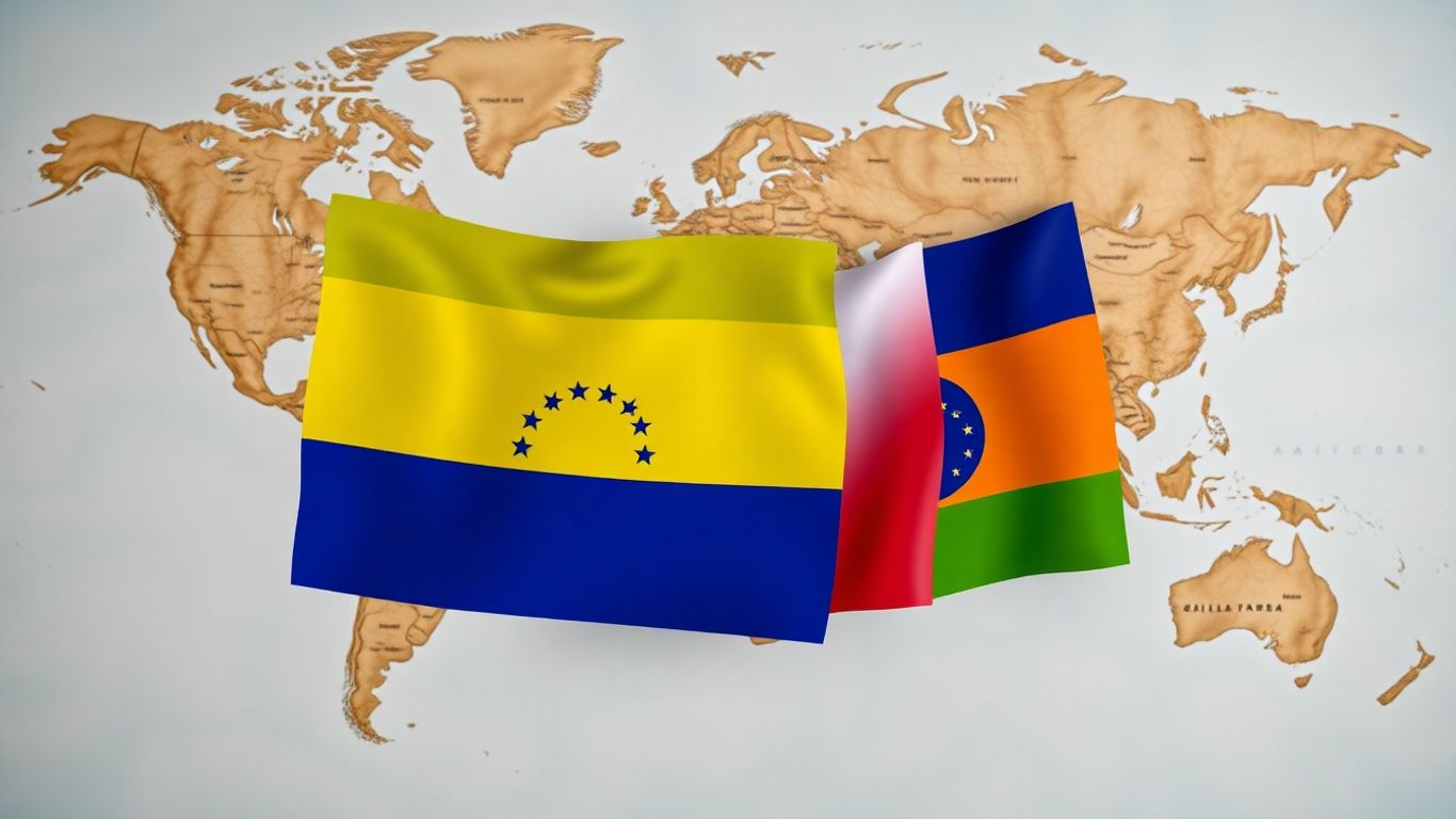 Venezuela and BRICS flags together with a world map.