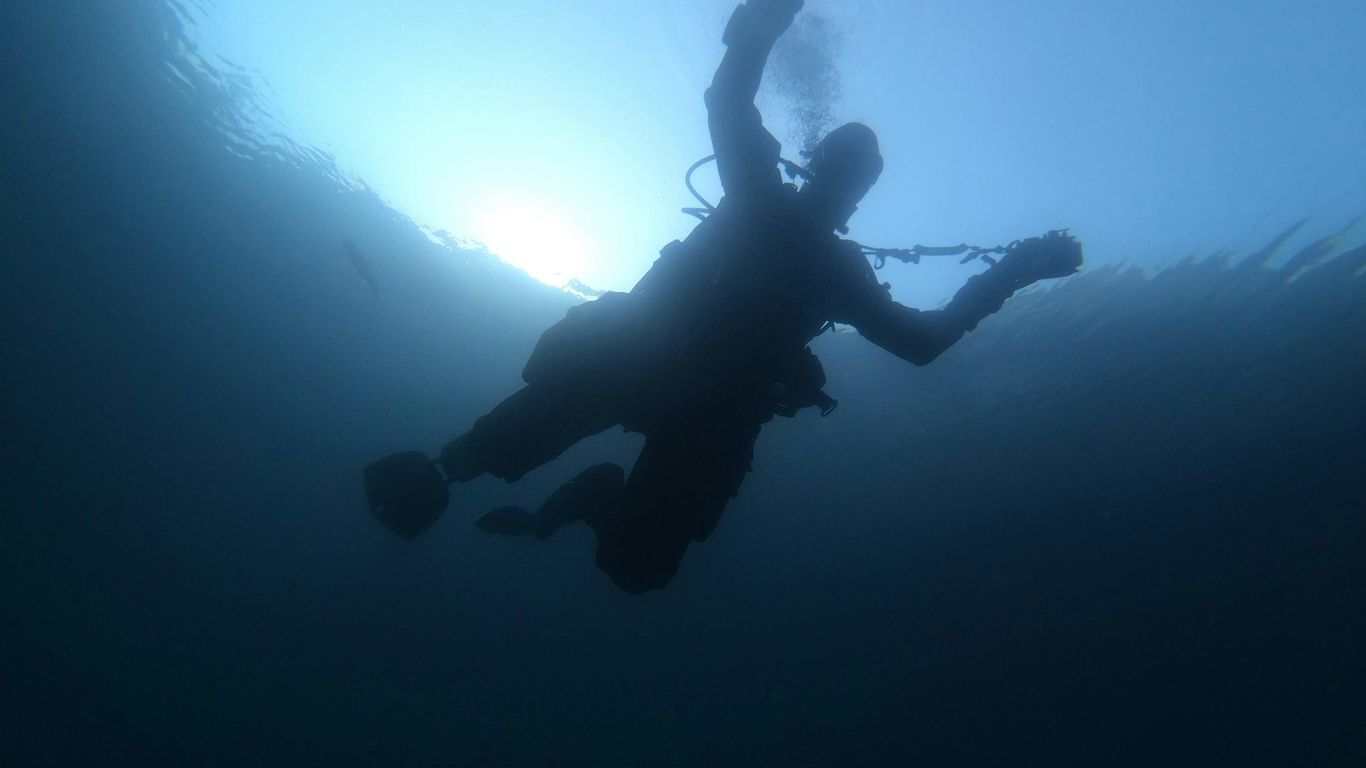 man in black wet suit under water