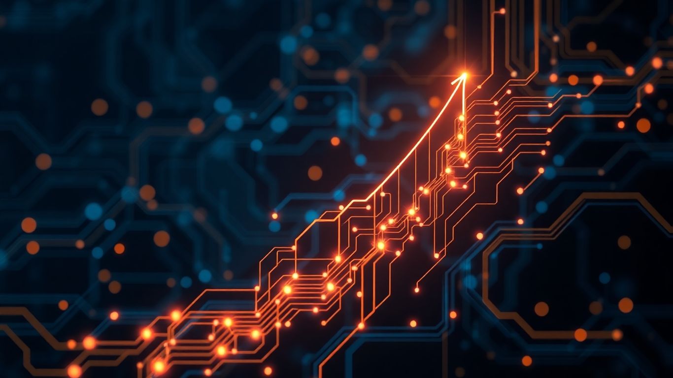 Abstract AI patterns and glowing circuits suggesting growth.