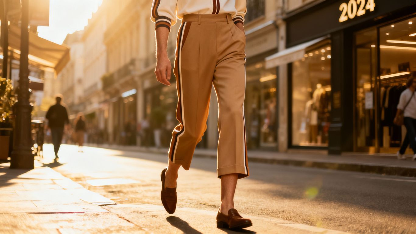 Fashionable person wearing Capri and track pants.